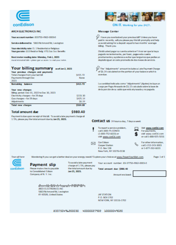 Con Edison electricity utility business bill SCR PSD template